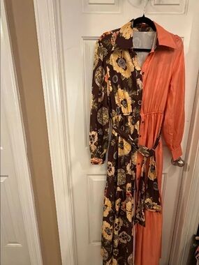 Two-Tone Floral & Solid Orange Maxi Shirt Dress